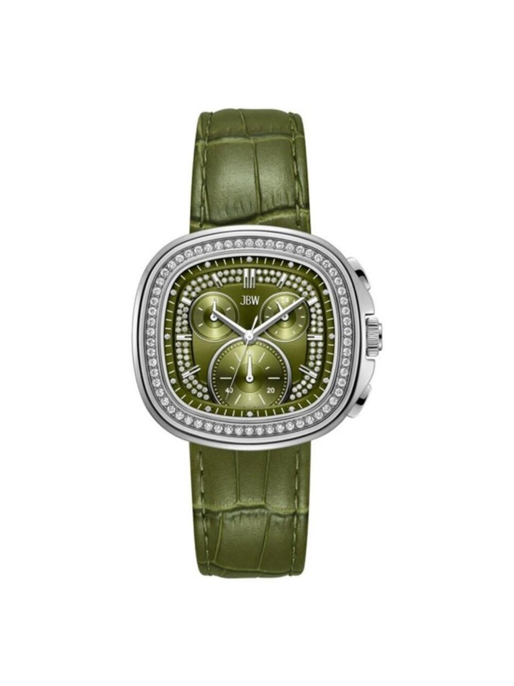 NWT JBW Coast Leather Chronograph GMT Quartz Diamond Green Dial Men's Watch